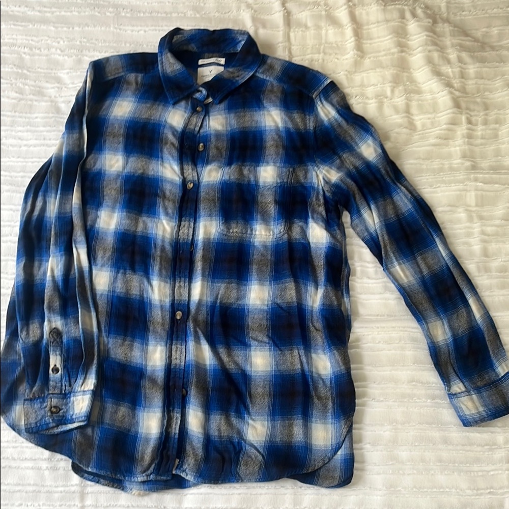 American Eagle Blue and White Plaid Men's Shirt
